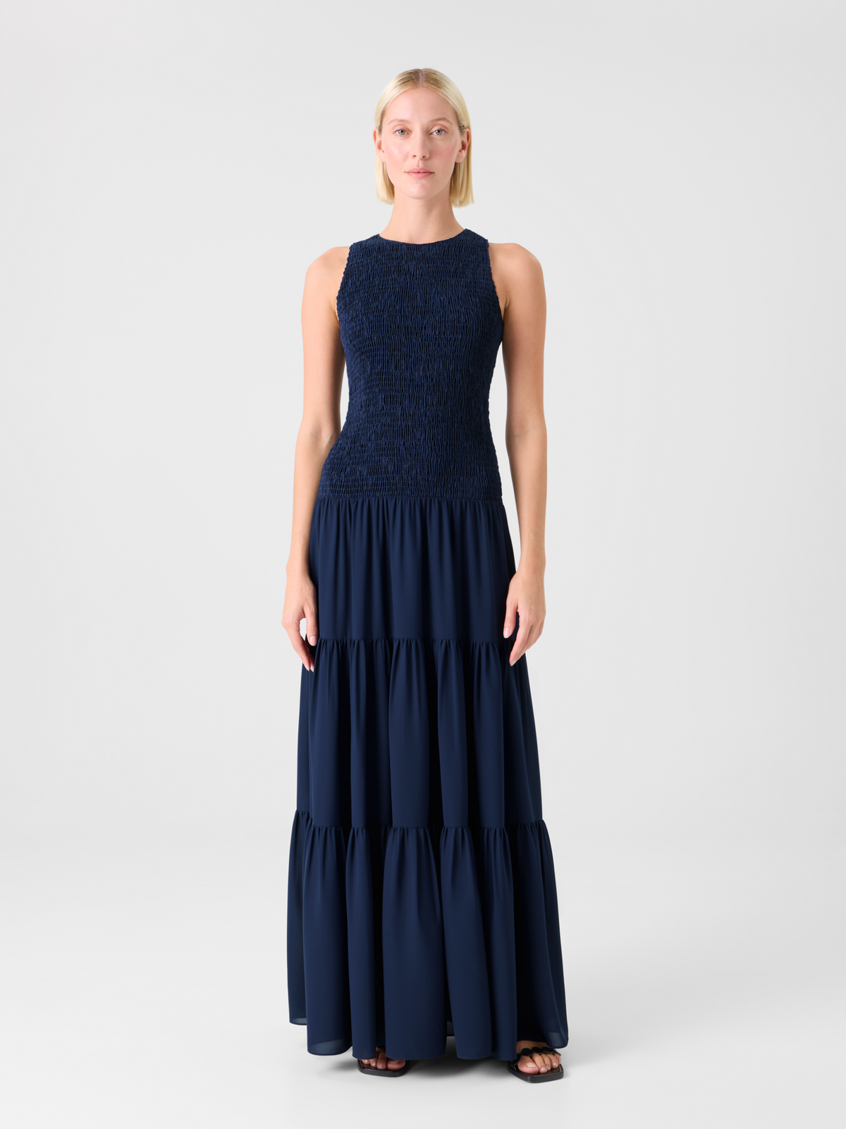 Designer Fitted Smocked Georgette A-Line Midi Dress - navy - blue