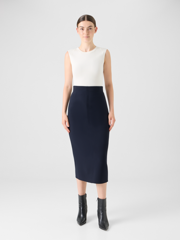 Designer Wool Bi-Stretch Double-Face Midi Pencil Skirt - black #editorial