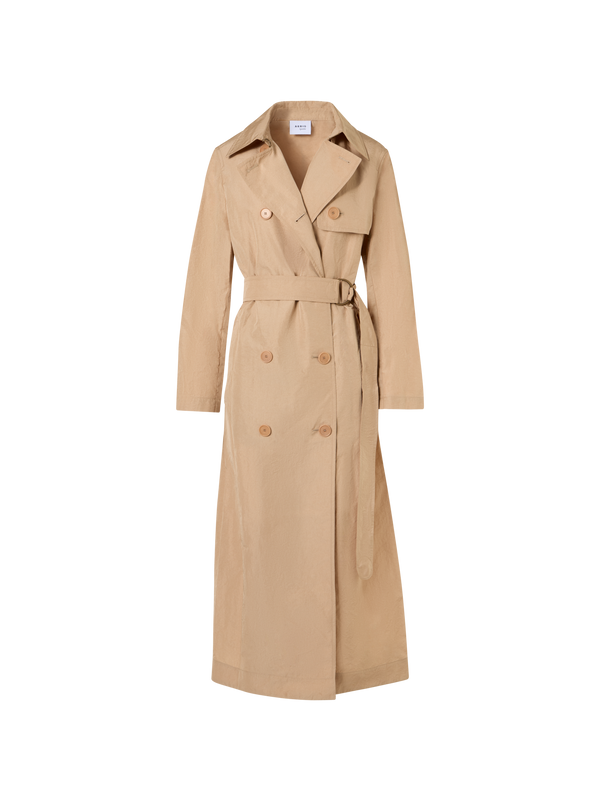 Designer Long-Sleeve Crinkled Parachute-Taffeta Long Trench Coat - beige