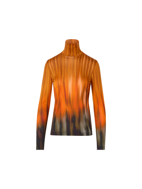 Designer Cashmere Silk Shirt in Fuego Negro Print - black - orange - multicolor