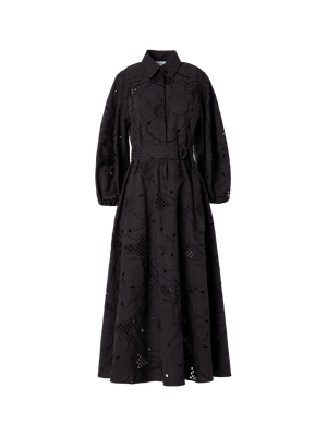 Designer Fit-and-Flare Flower Eyelet Midi Dress - black