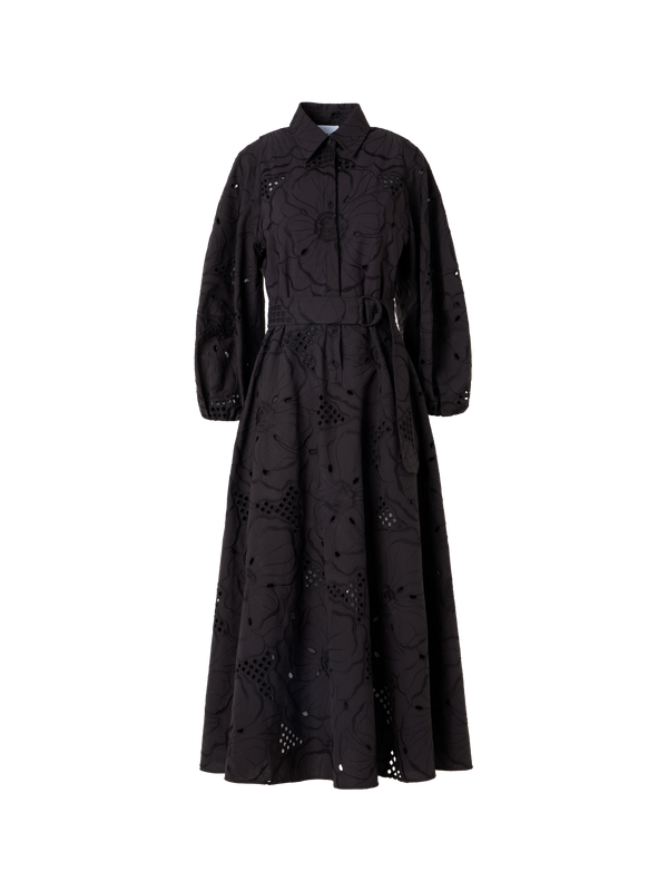 Designer Fit-and-Flare Flower Eyelet Midi Dress - black