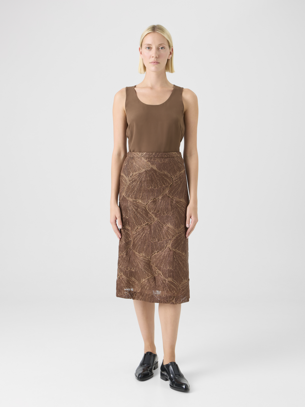 Designer Techno Lacquered Sea Fan Lace A-Line Skirt - brown #editorial