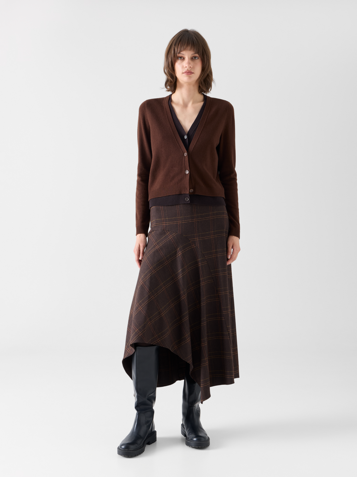 Designer Wool Cashmere Cardigan with V-Neck Trompe l'Oeil - brown 