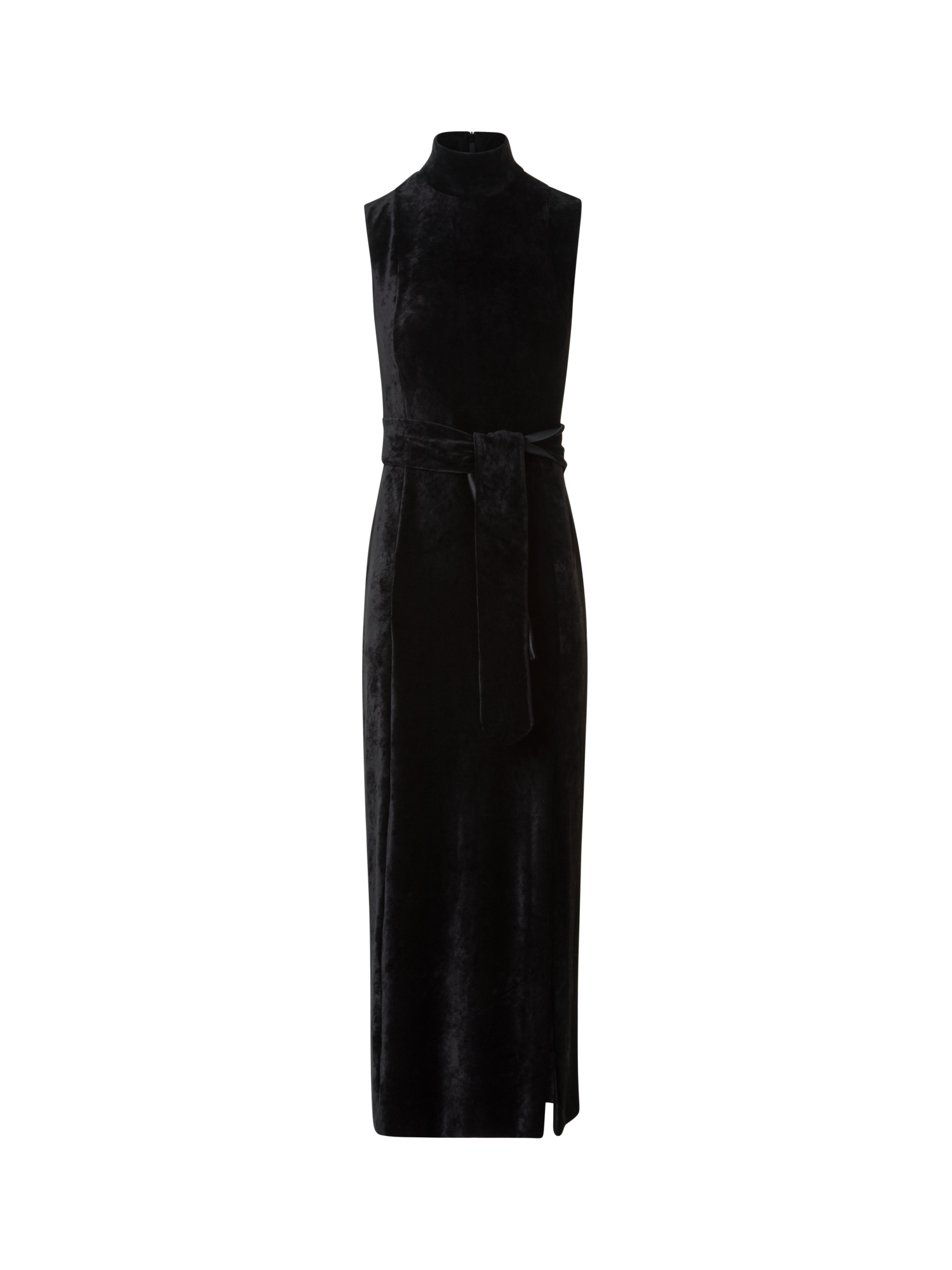 Designer Fitted Velvet Mock Neck Maxi Dress with Slit - black - neutral