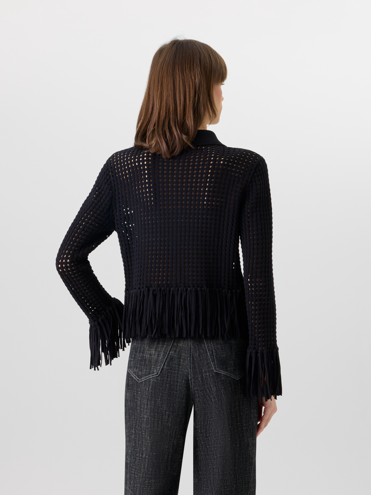 Designer Short Long-Sleeve Chunky Cotton Mesh Knit Cardigan - black #editorial