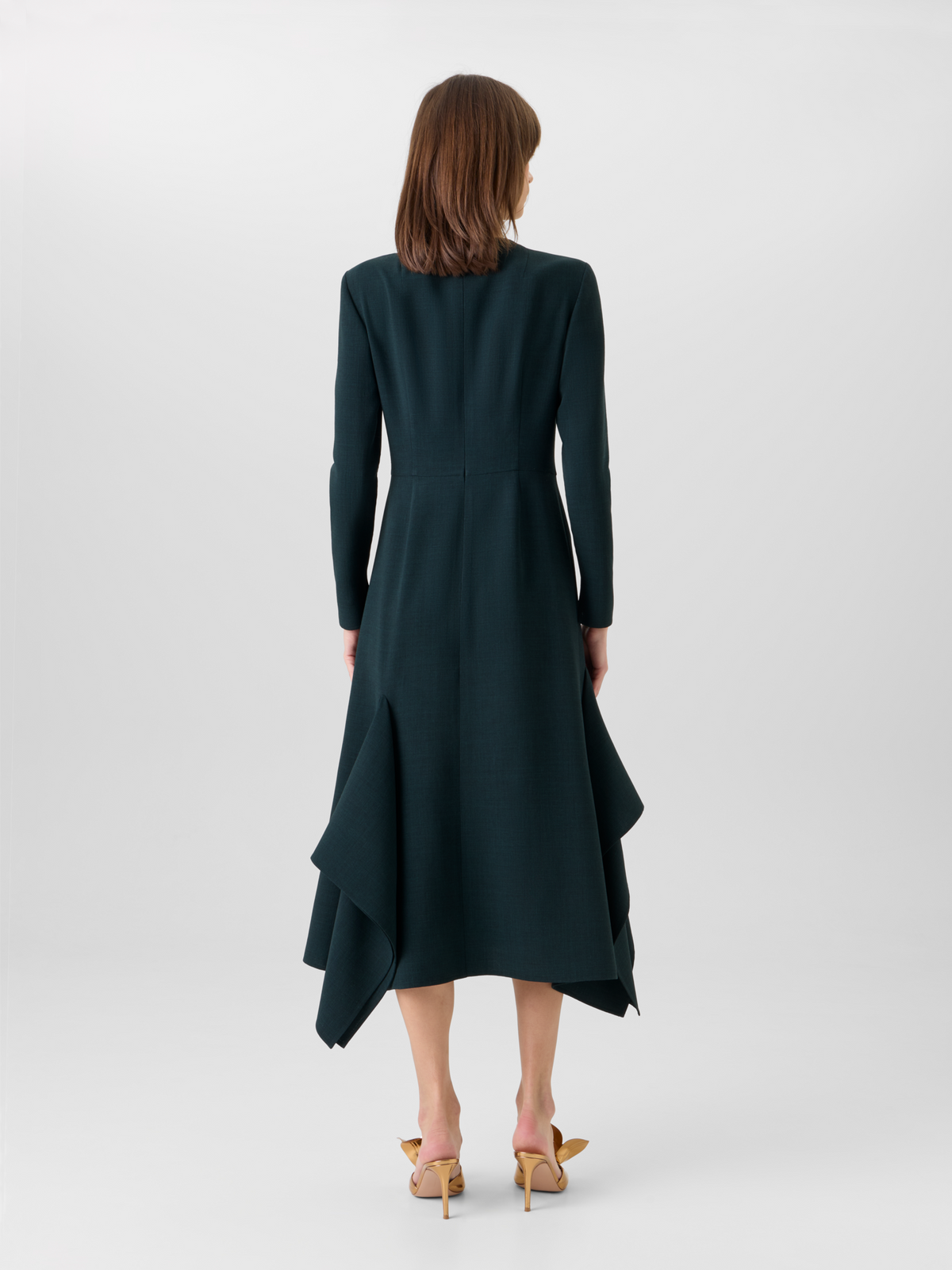 Designer Flared Midi Dress with Asymmetrical Skirt in Wool - green 