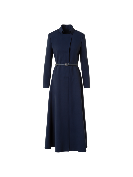 Designer Belted Wool Double-Face Midi Shirt Dress - neutral - navy - blue