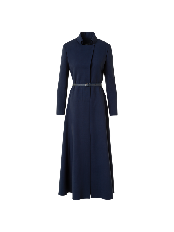 Designer Belted Wool Double-Face Midi Shirt Dress - neutral - navy - blue