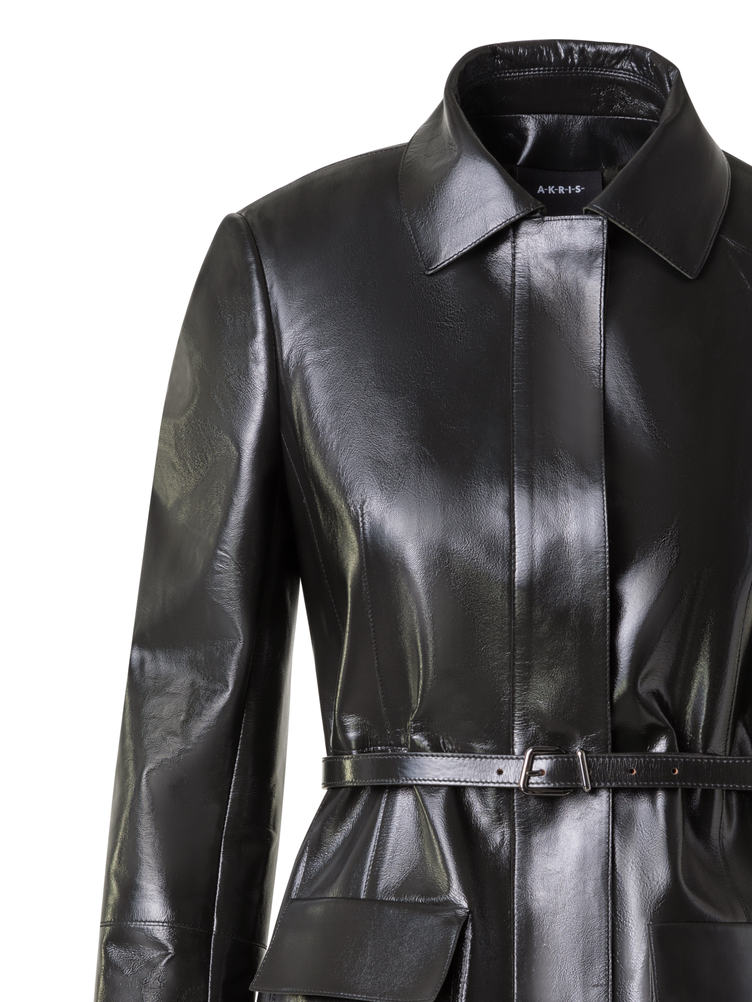 Designer Fitted Lacquer Leather Jacket with Belt - green