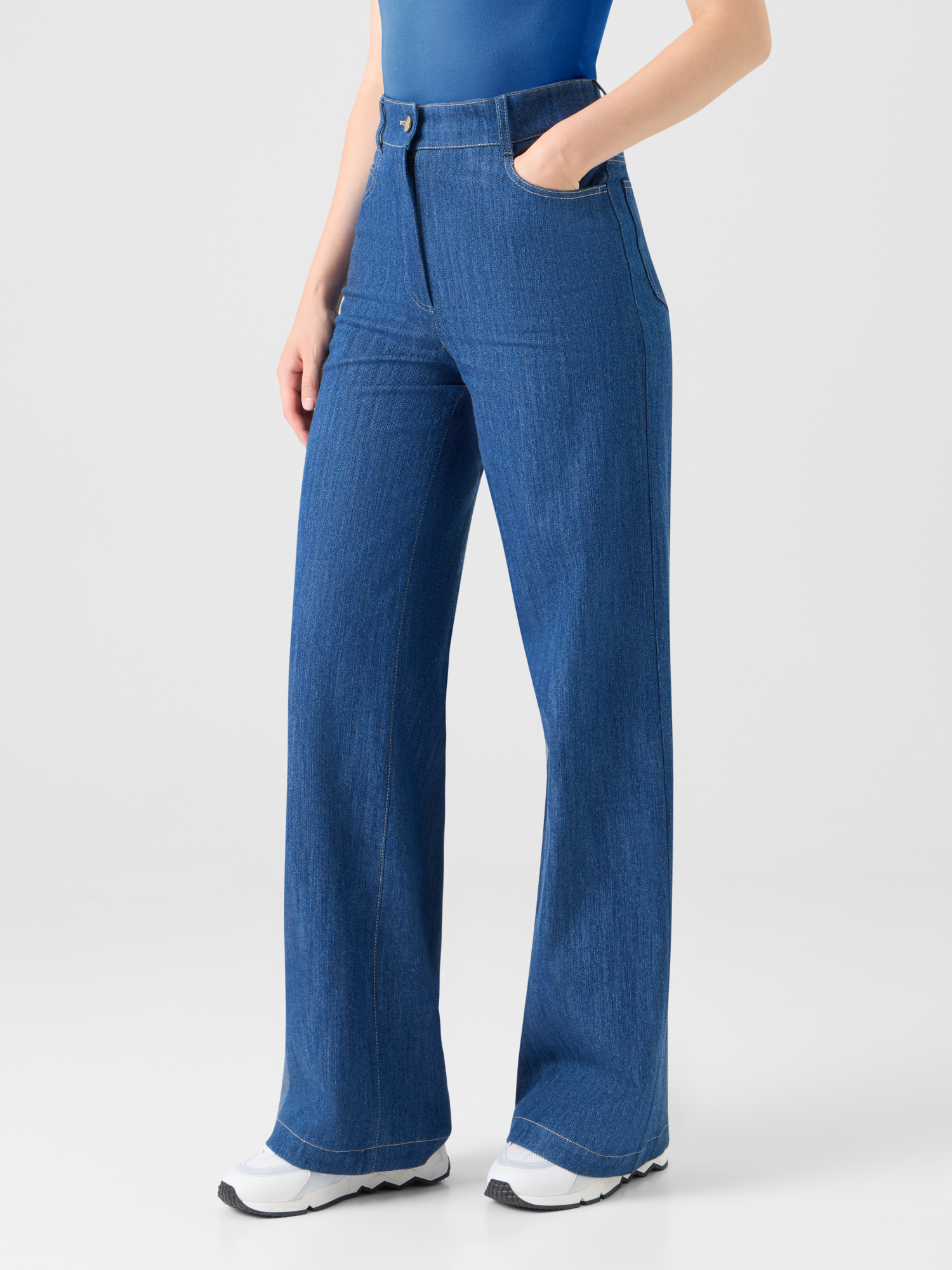 Designer Cooper Wide Leg Stretch Cotton Denim Pants - navy - blue 