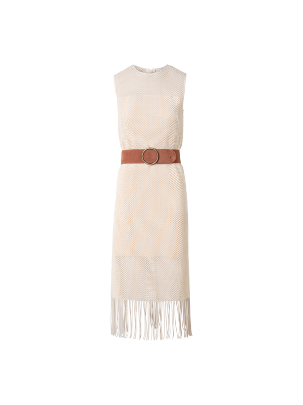 Designer Midi Dress in Cotton Mesh with Fringes - neutral - pastel - beige