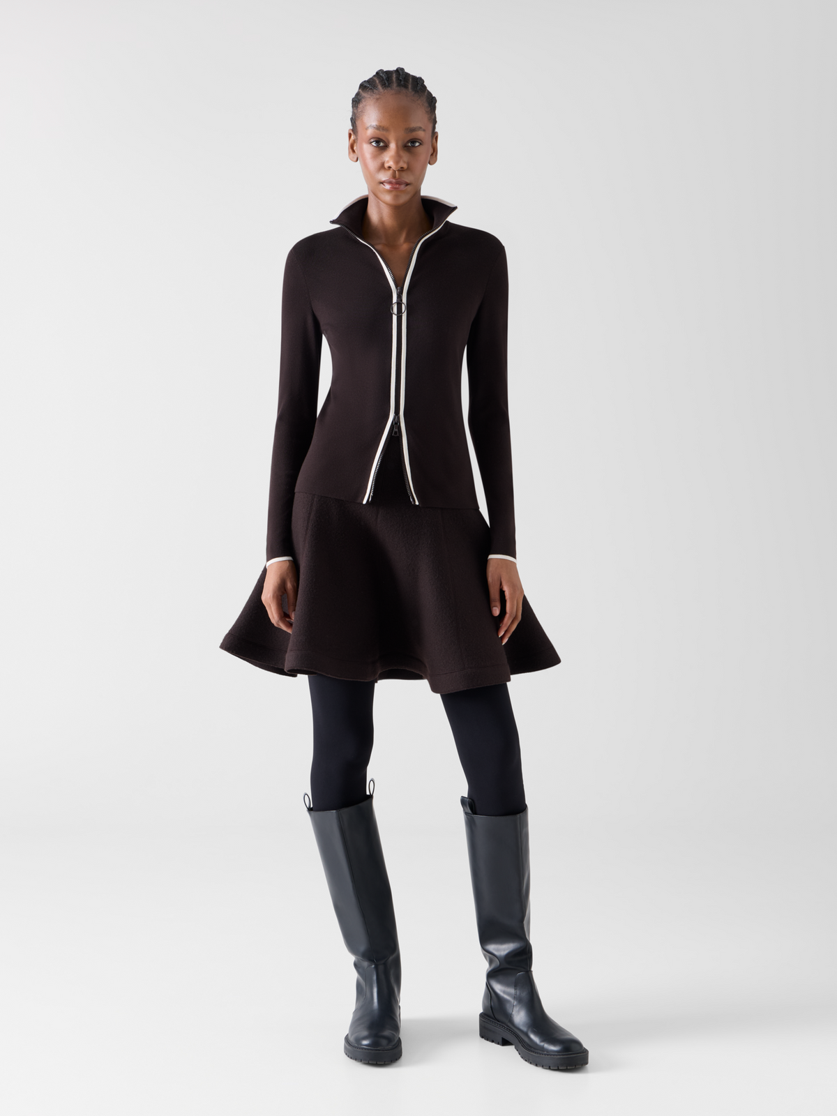 Designer Zipped Cardigan with Contrast Piping - brown #editorial