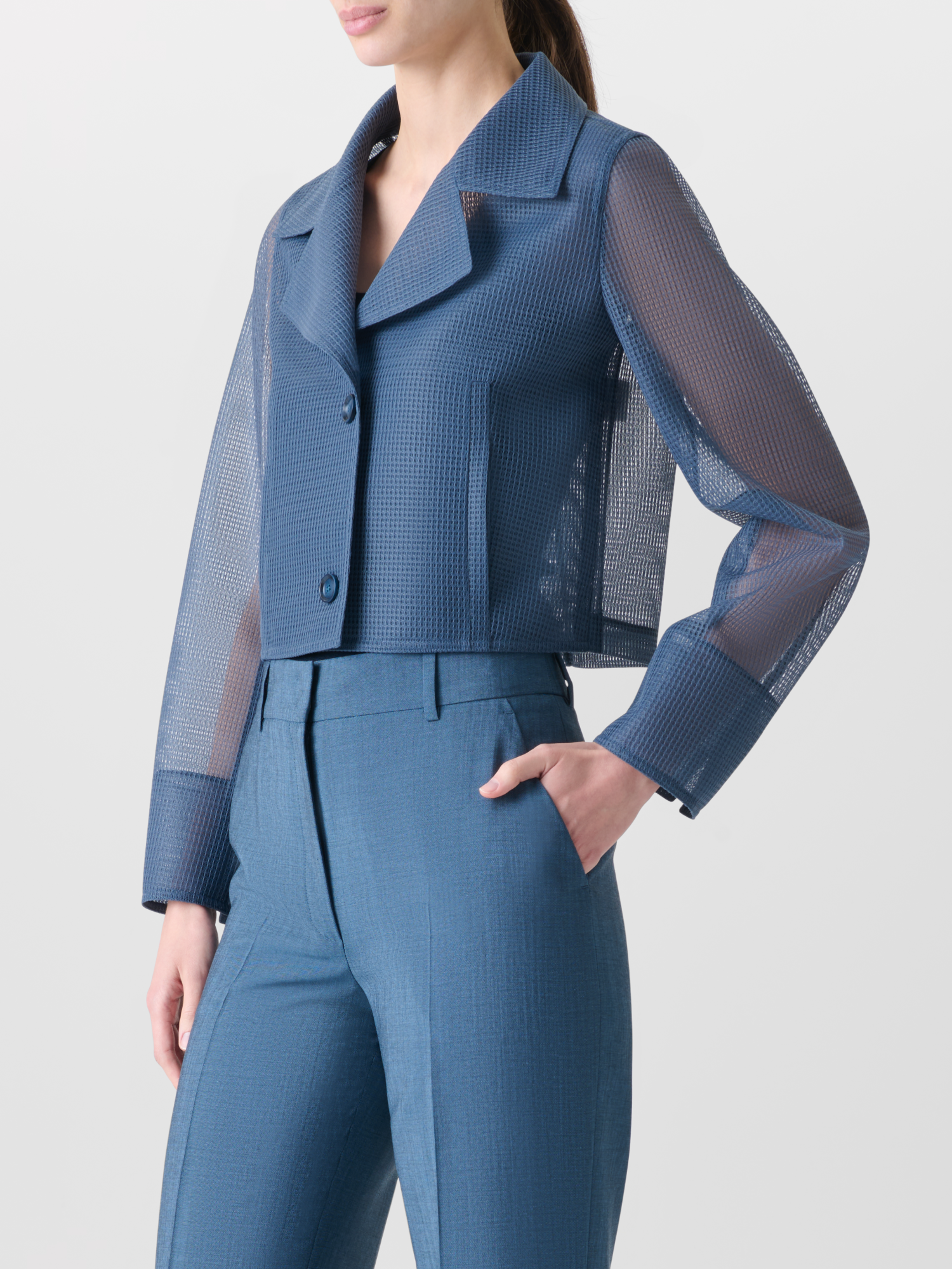 Designer Cropped Jacket in Sheer Techno Grid - blue 