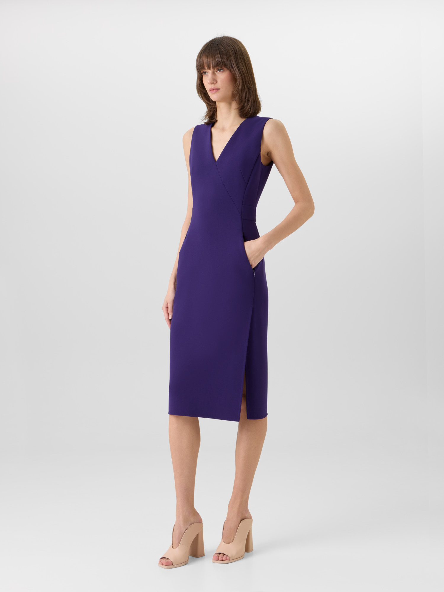 Designer Sleeveless Bi-Stretch Wool Double-Face Shift Dress - purple 