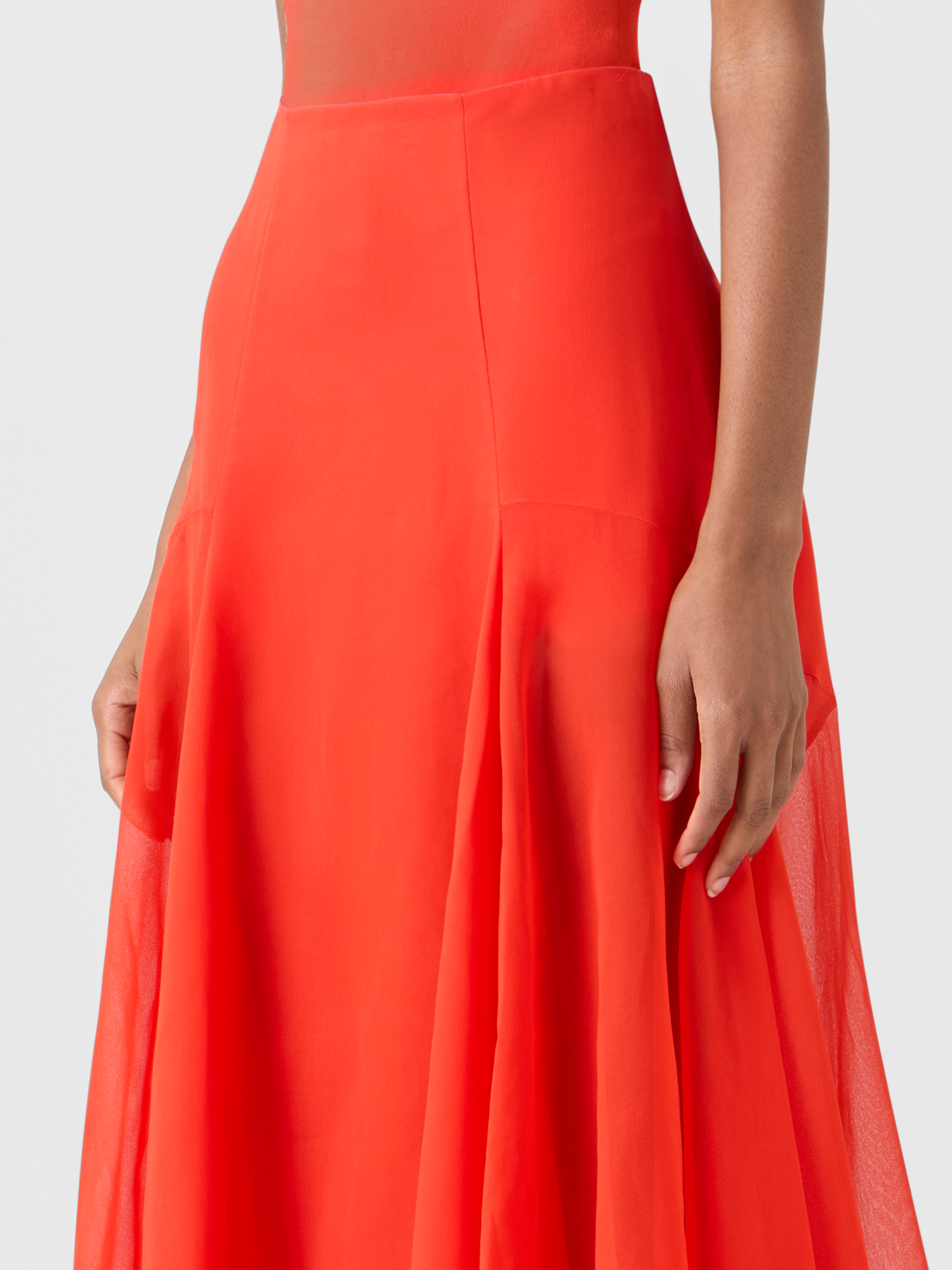 Designer Flared Midi Skirt in Silk Organza - red