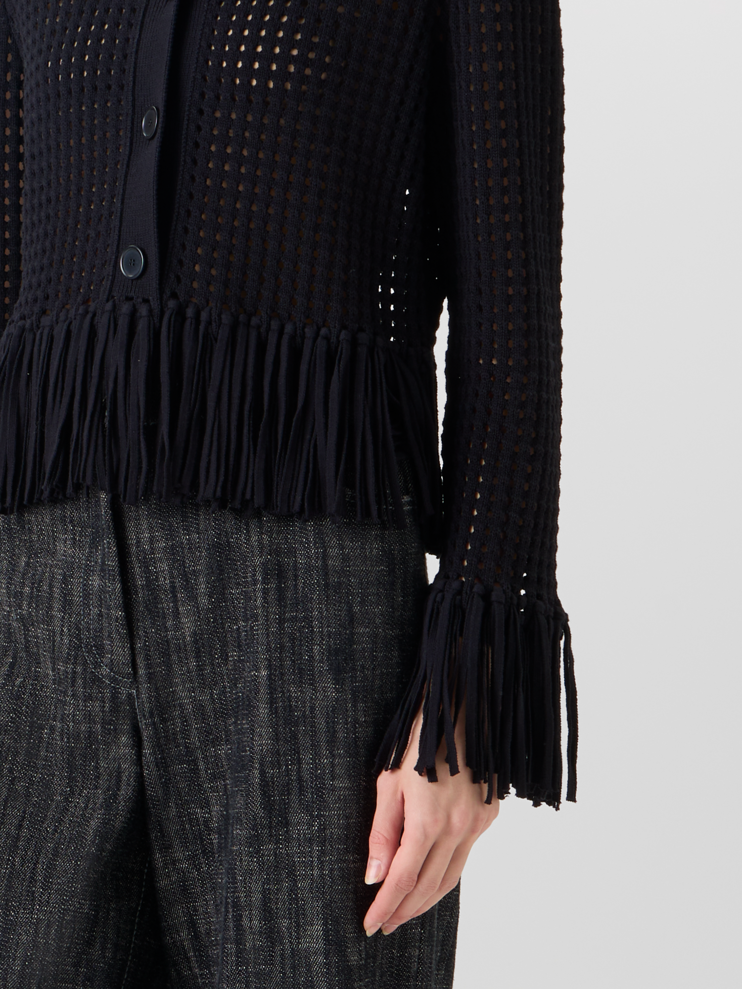 Designer Short Long-Sleeve Chunky Cotton Mesh Knit Cardigan - black 