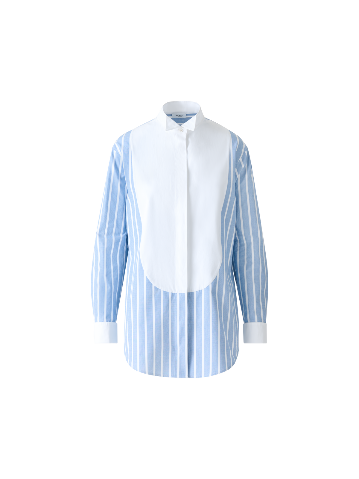 Designer Striped Cotton Tunic Blouse with Big Plastron - blue - multicolor