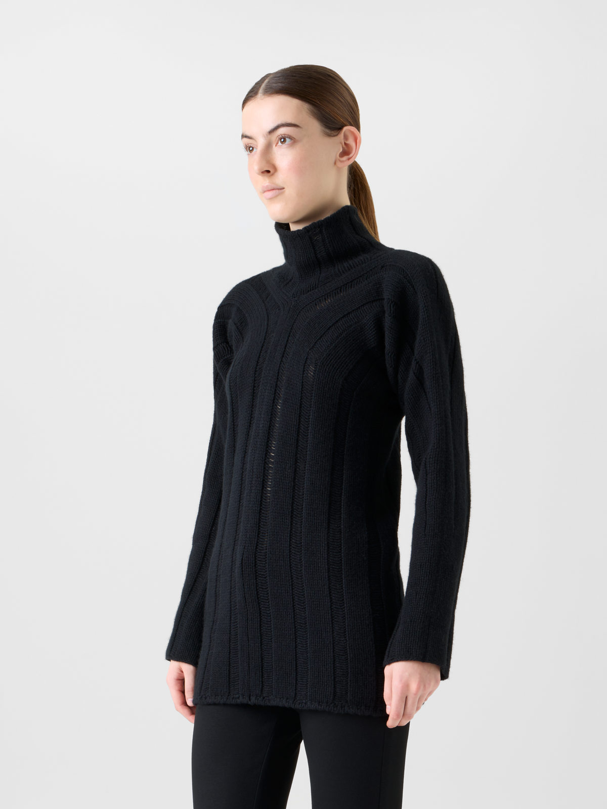 Designer Maxi Rib Cashmere Mock Neck Sweater - black - neutral #editorial