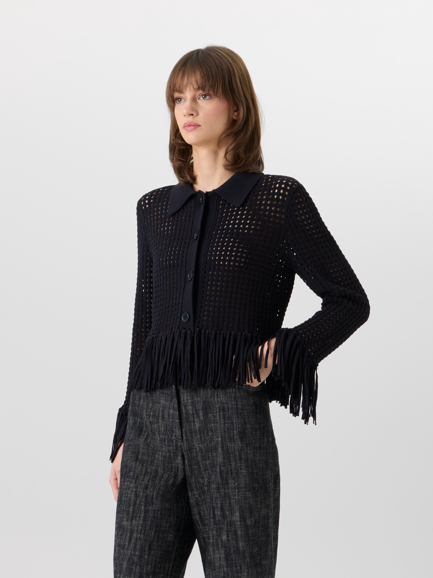 Designer Short Long-Sleeve Chunky Cotton Mesh Knit Cardigan - black 