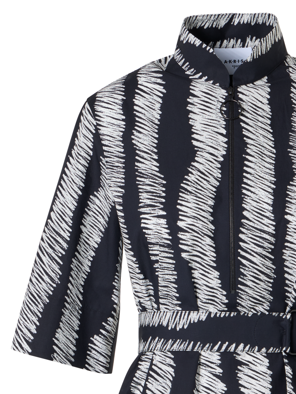 Designer Belted Scribble Wave Print Cotton Shirt Dress - black - multicolor