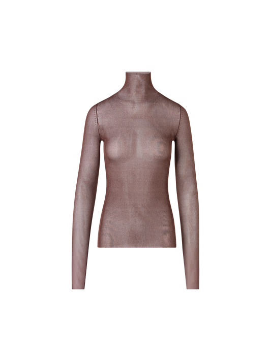 Designer Transparent Silk Fine Rib Sweater with Thumb Holes - brown
