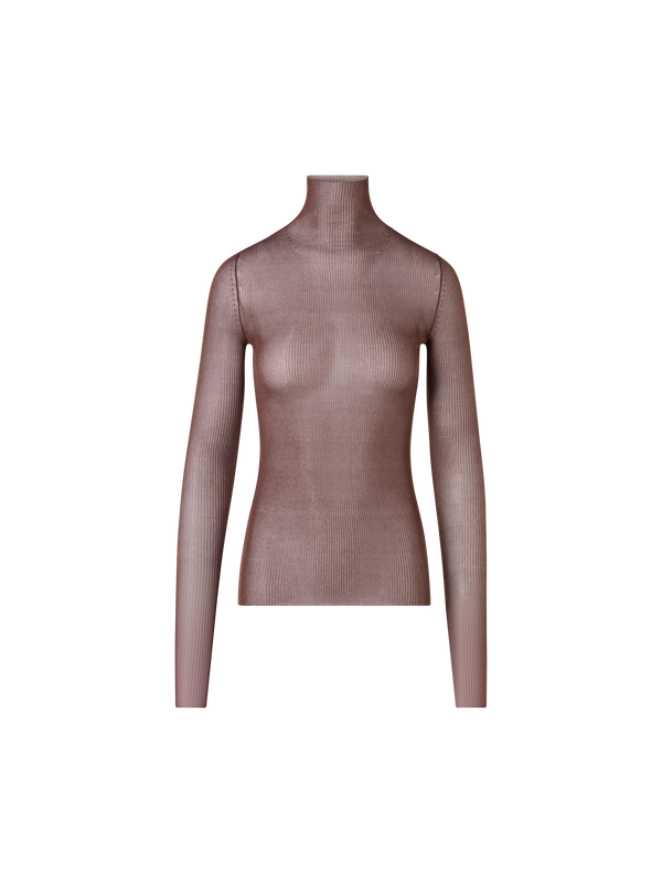 Designer Transparent Silk Fine Rib Sweater with Thumb Holes - brown