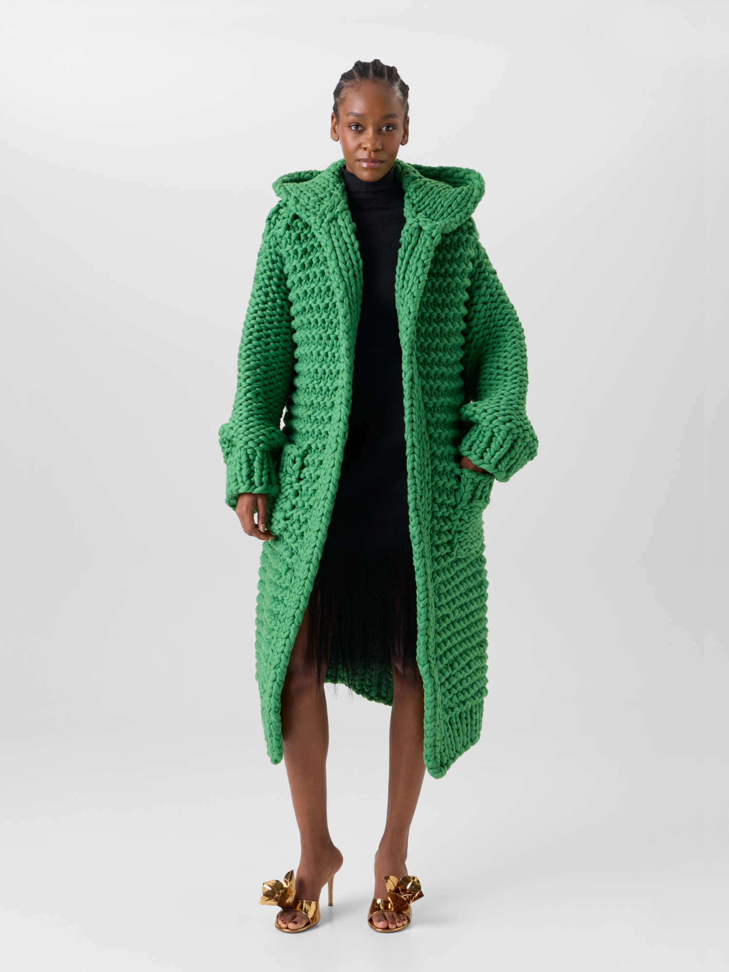 Designer Structured Handknit Hooded Coat - green 