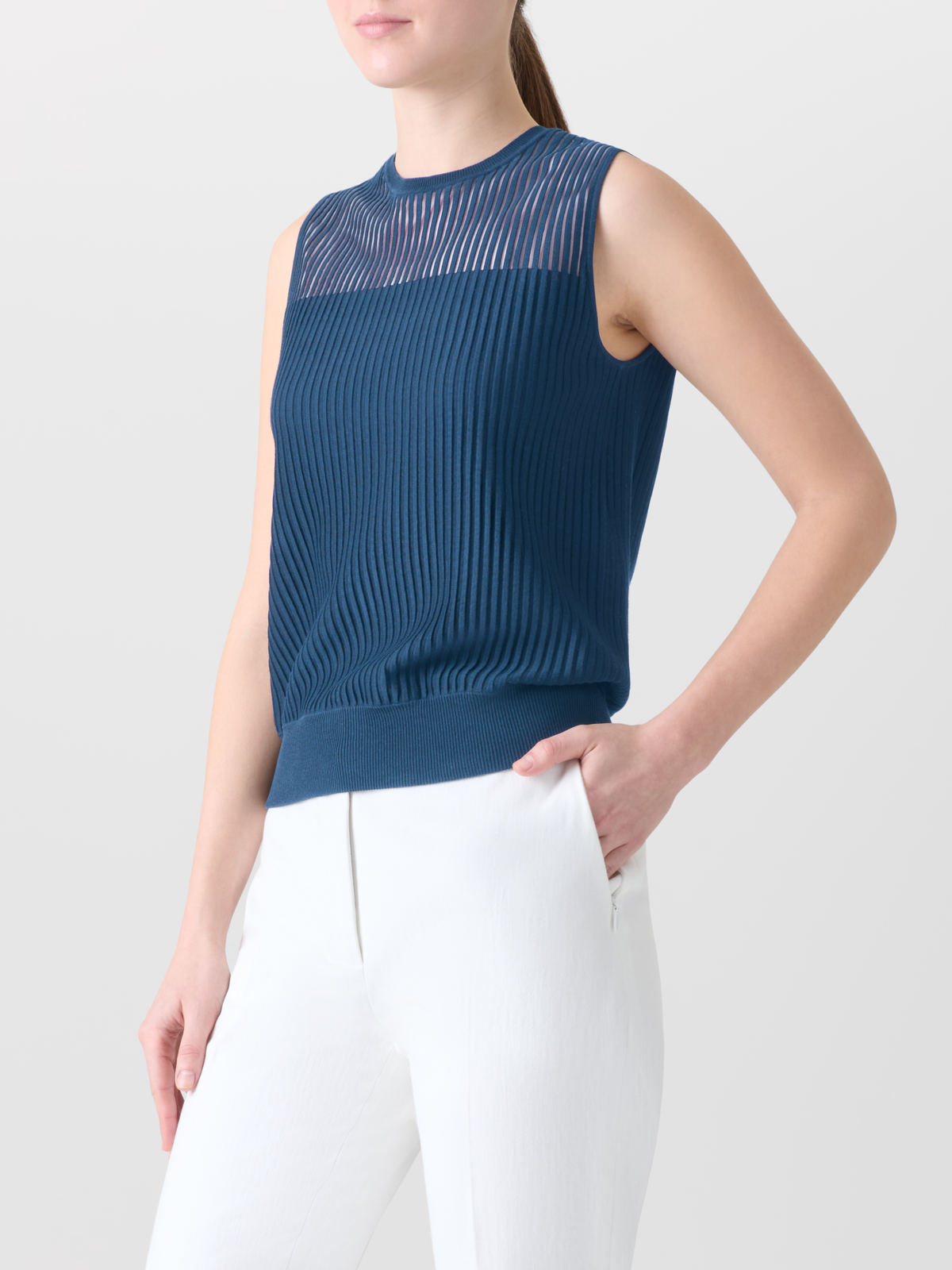 Designer Knit Top in Silk Blend Structured Lines - blue #editorial