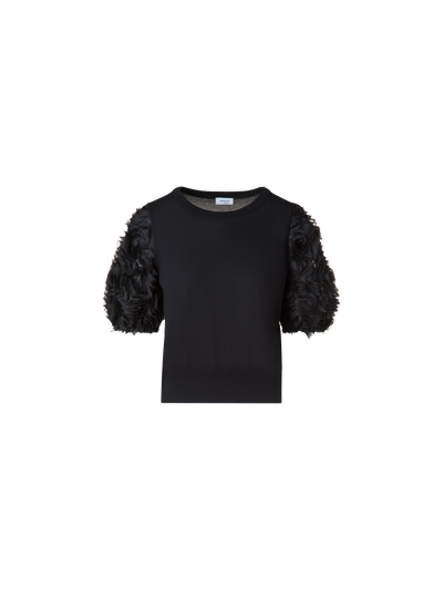 Designer Merino Knit Shirt with 3D Carnation Embroidery - black