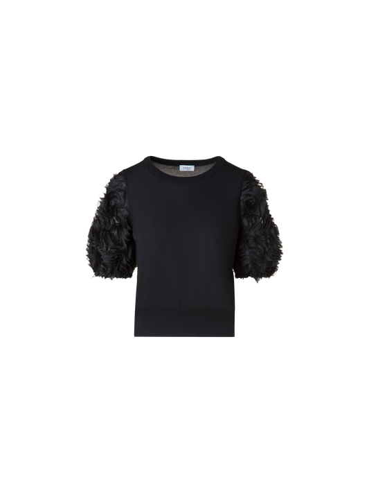 Designer Merino Knit Shirt with 3D Carnation Embroidery - black
