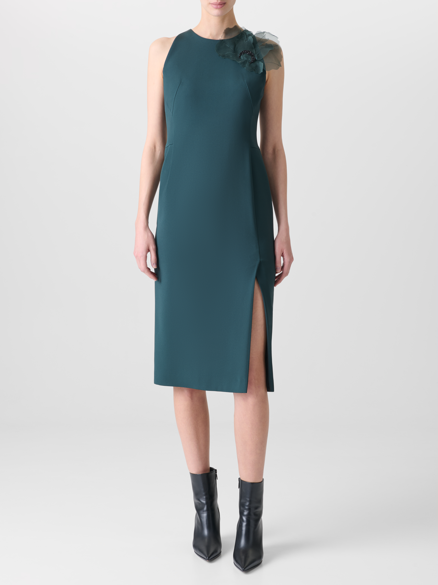 Designer Silk Dress with 3D Anemone - green