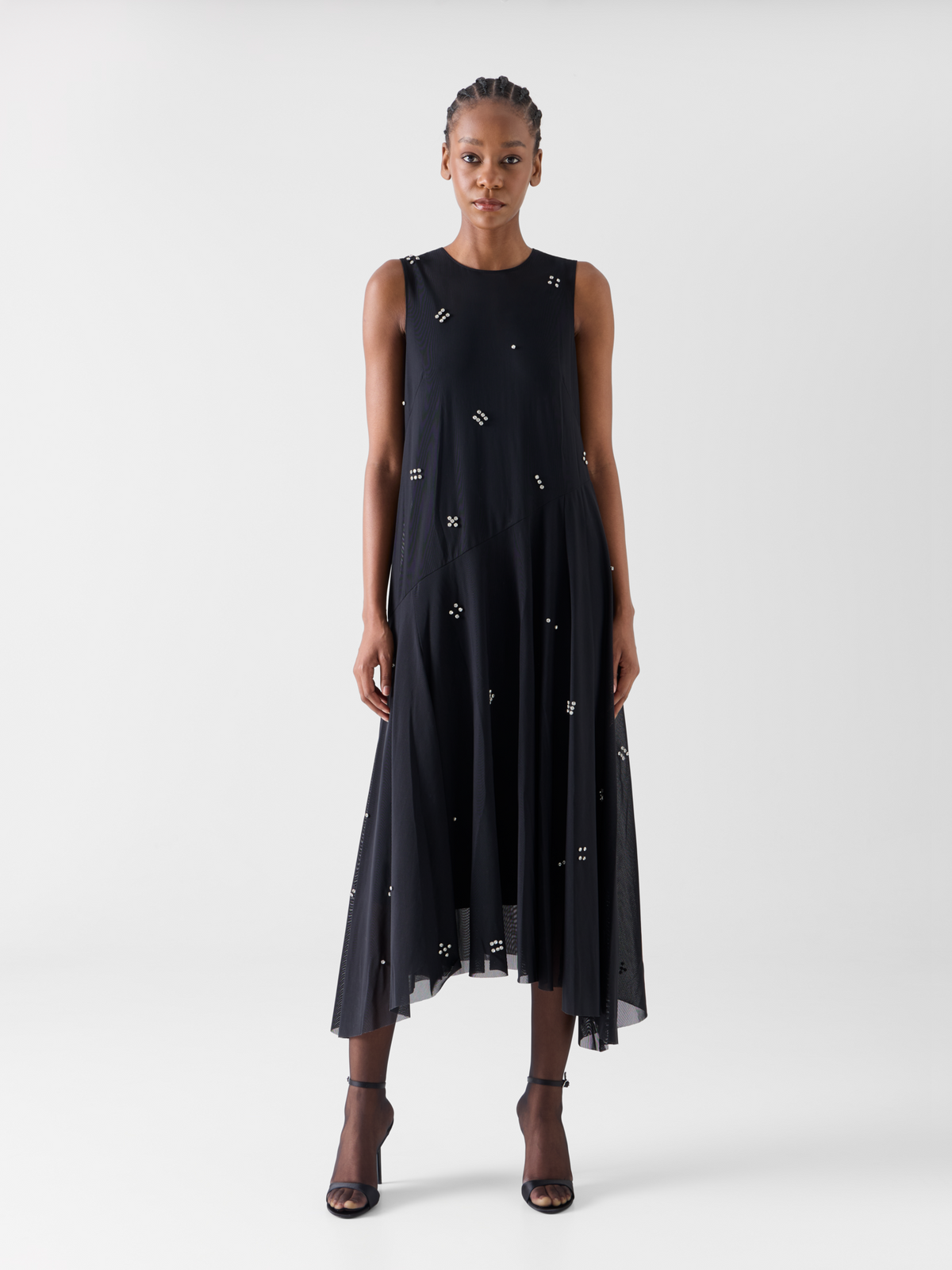Designer Midi Tulle Dress with Diamond Dice Embellishment - black 