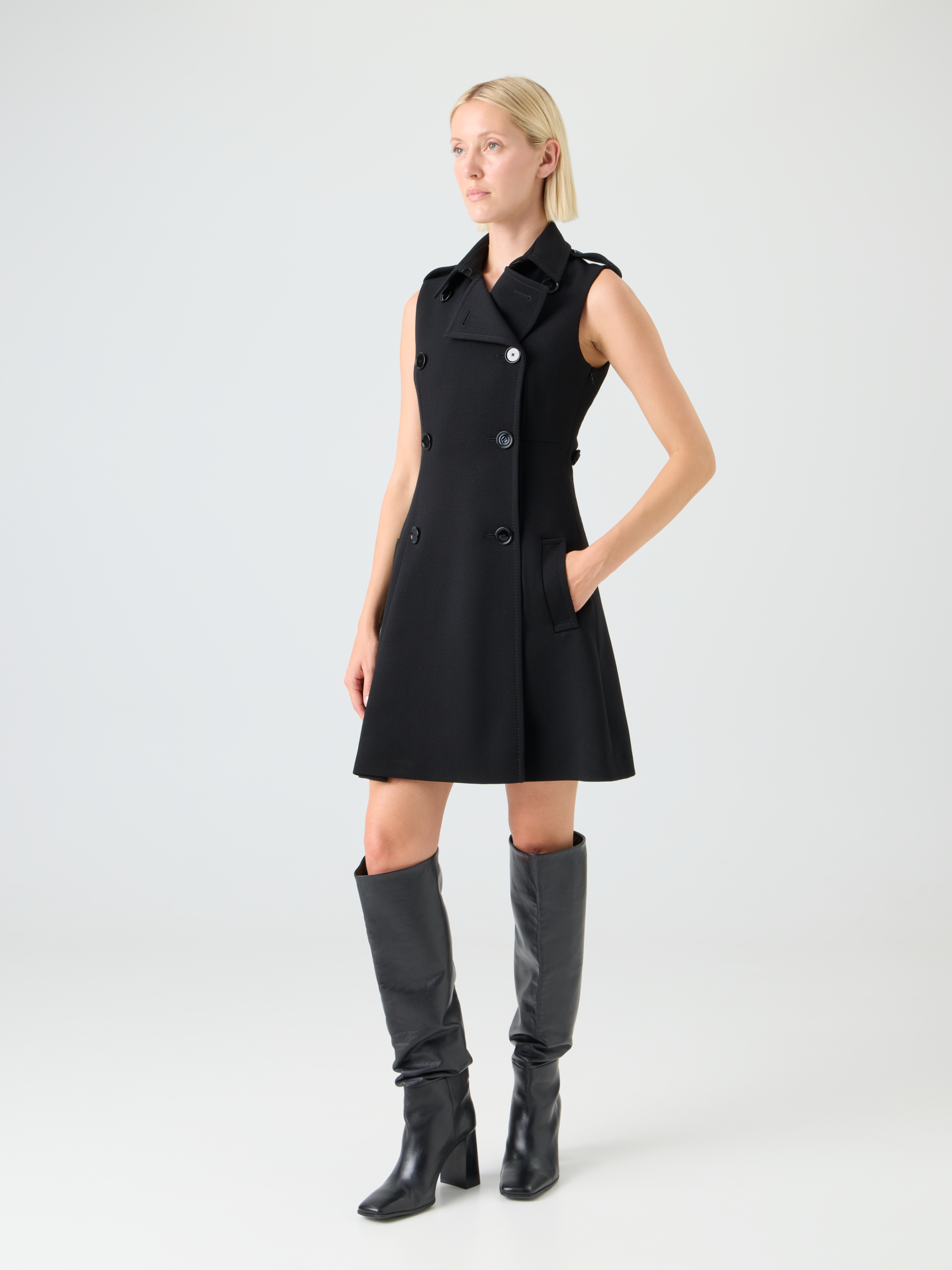 Designer Modern Trench Dress in Wool Tricotine - black 