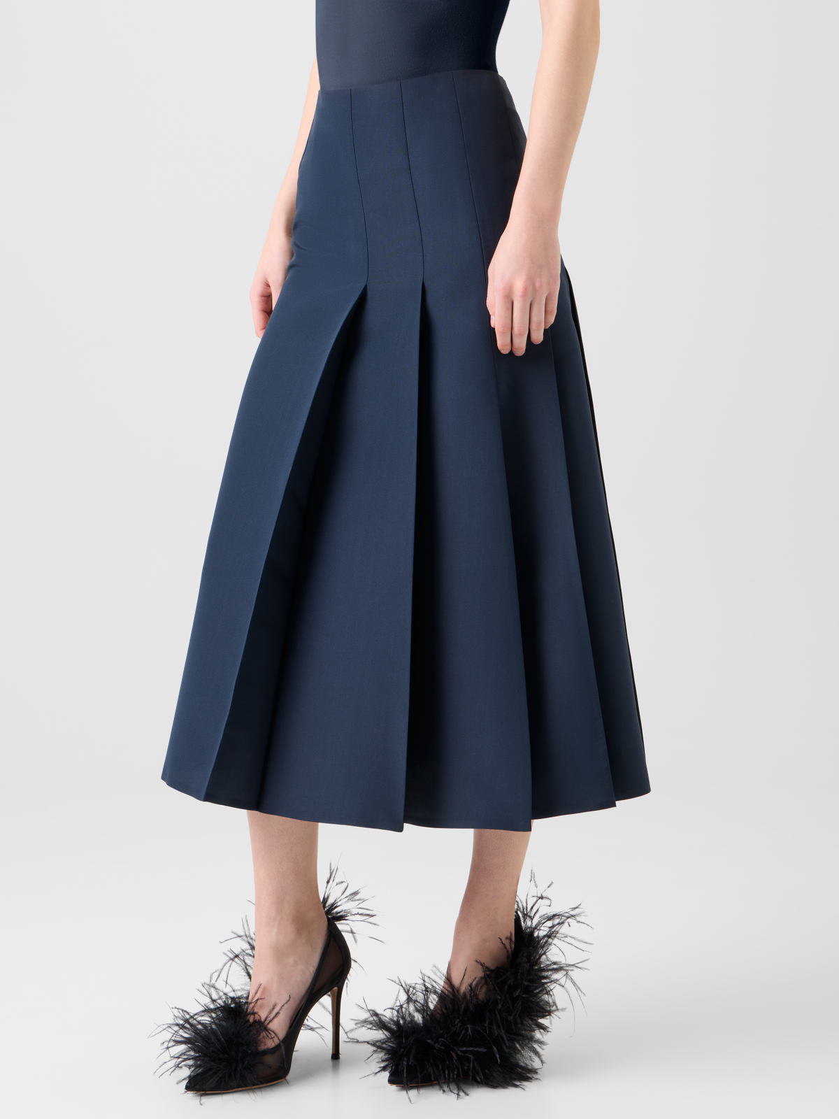 Designer Half-Pleated Ottoman Silk Midi Skirt - neutral - navy - blue #editorial
