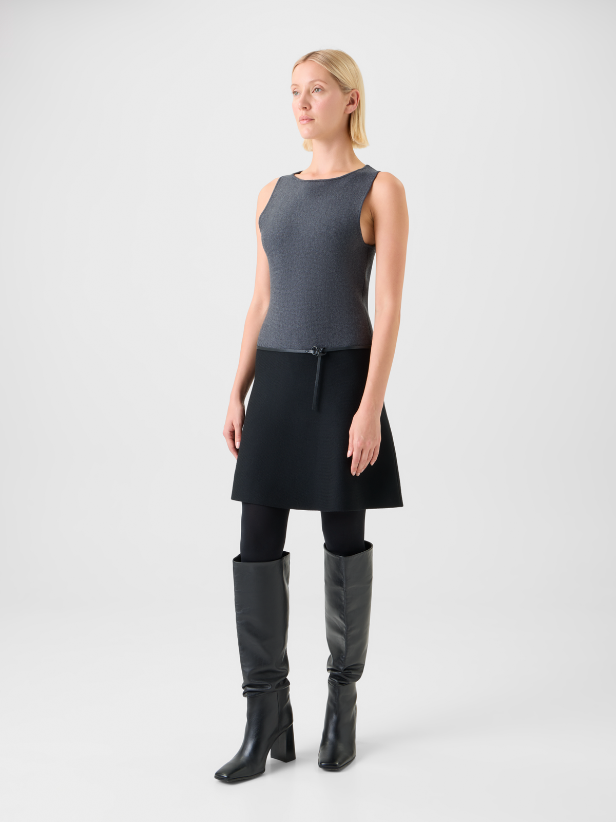 Designer A-Line Belted Milano Knit Mini Dress - black - neutral - grey - multicolor #editorial