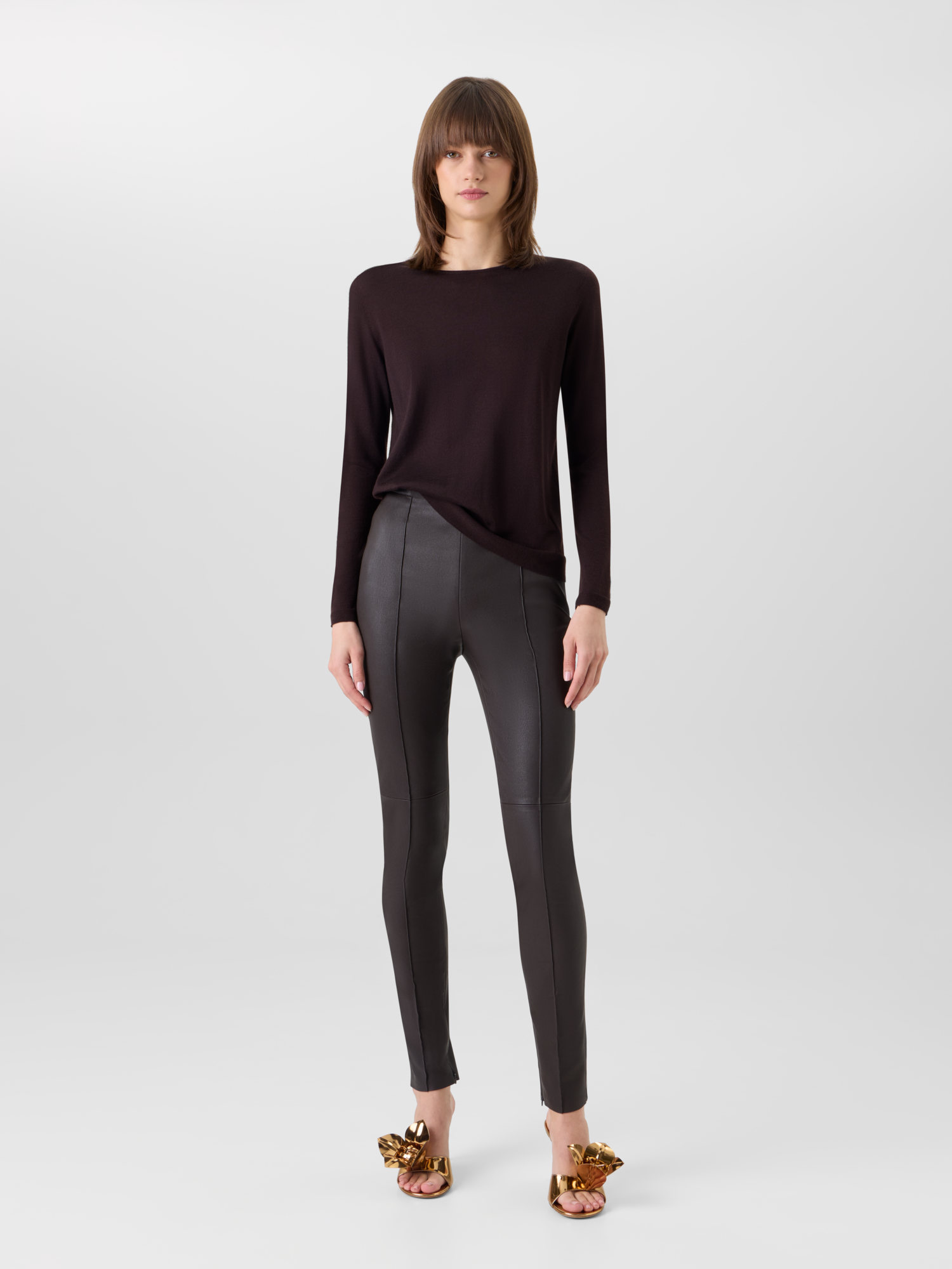 Designer Slim Leg Pants in Stretch Leather - brown 