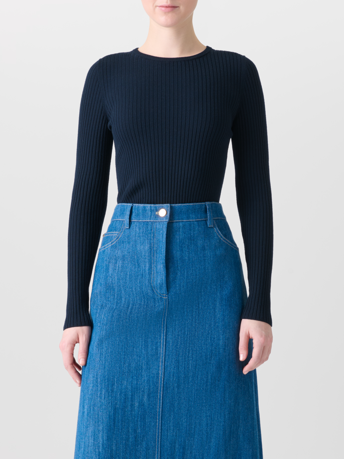 Designer Short Sleeve Sweater in Merino Wool - neutral - navy - blue #editorial