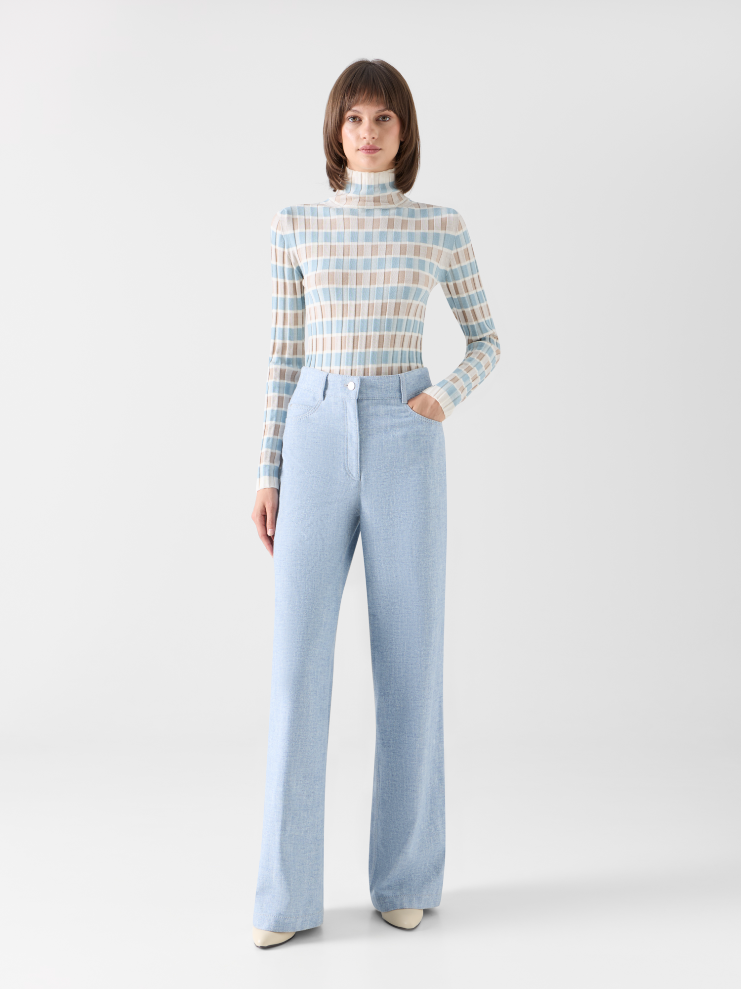 Designer Merino Wool Ribbed Sweater with Check Intarsia - multicolor 
