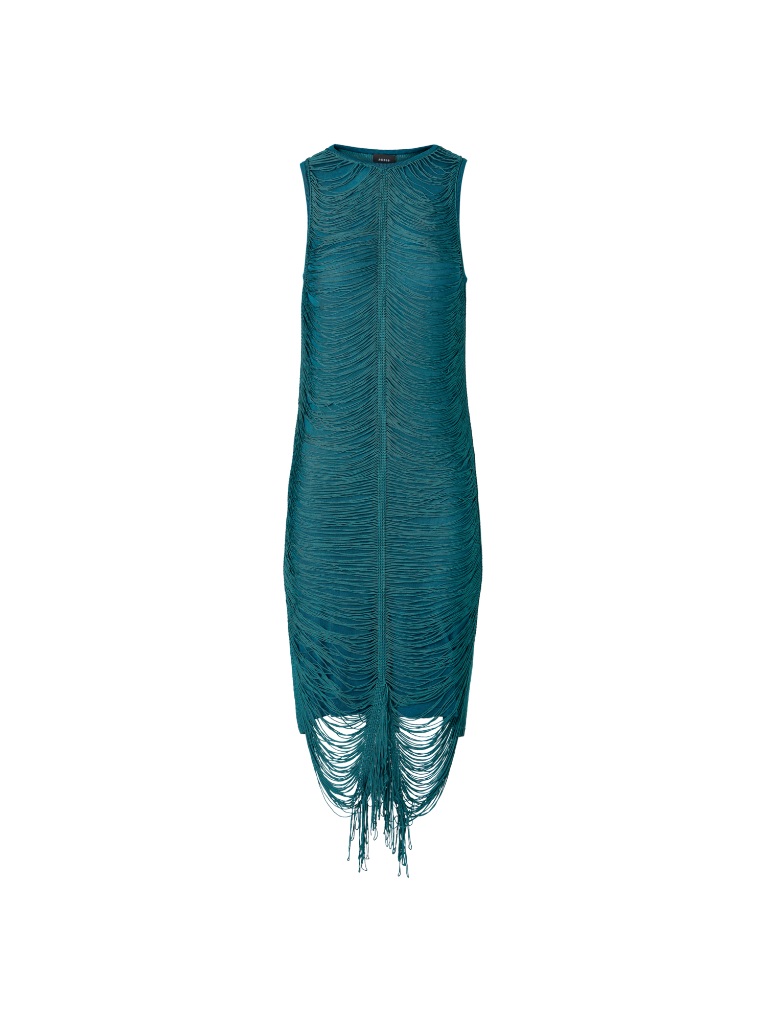 Designer Sleeveless Fringe Drape Knit Sheath Dress in Silk - green