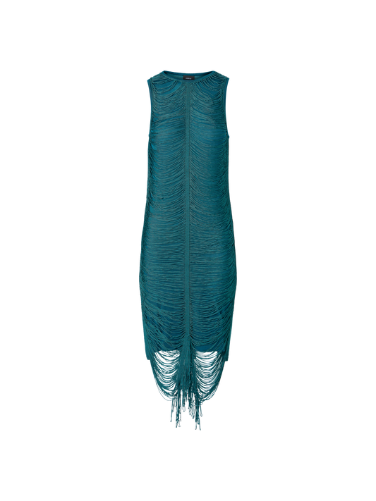 Designer Sleeveless Fringe Drape Knit Sheath Dress in Silk - green