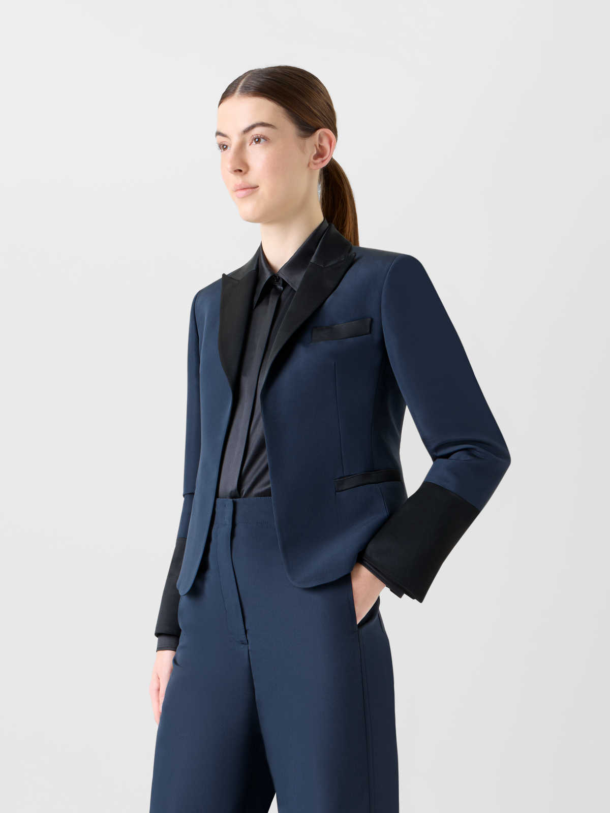 Designer Bi-Color Peak Lapel Ottoman Silk Jacket - neutral - navy - blue - multicolor #editorial