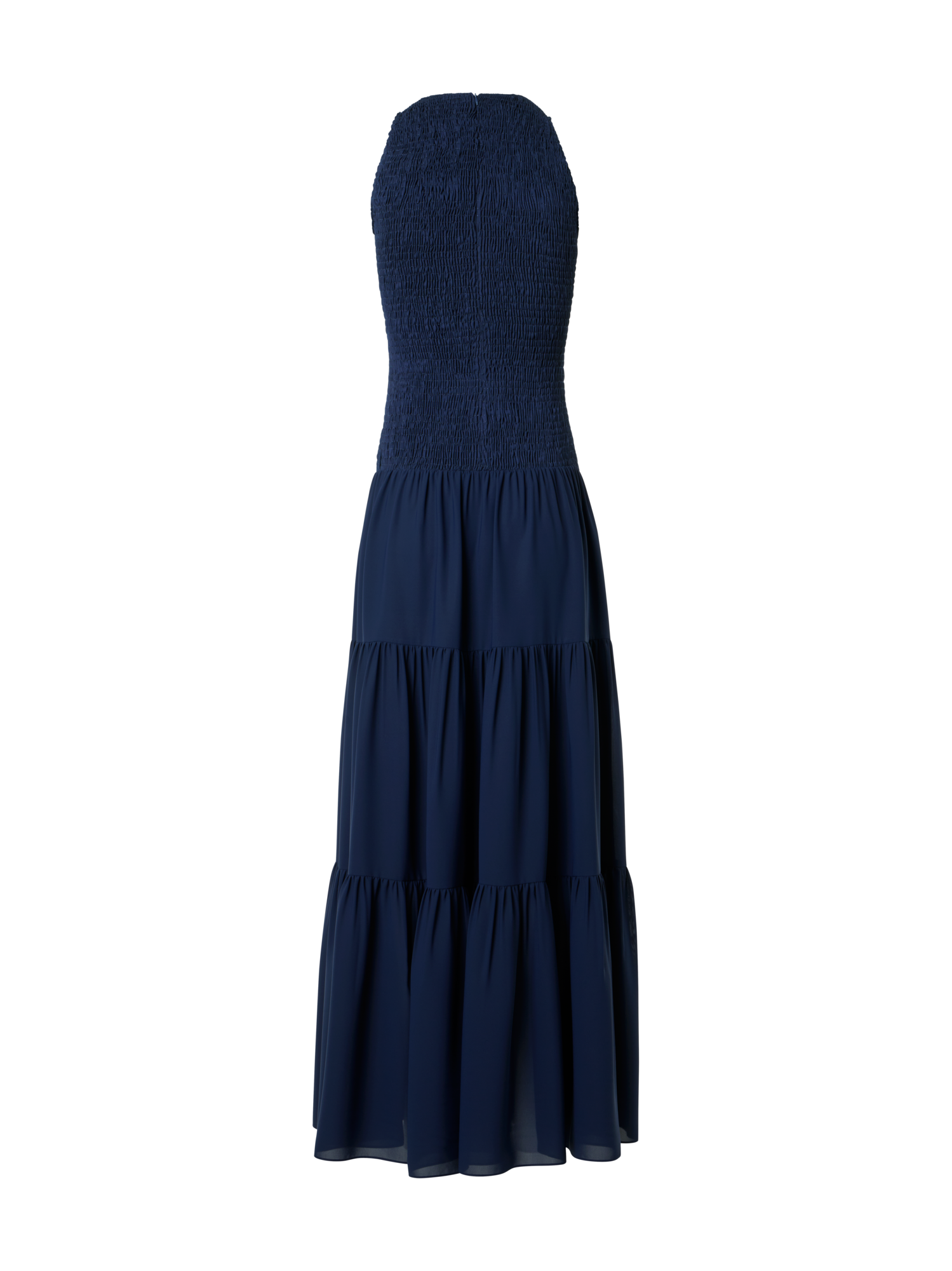 Designer Fitted Smocked Georgette A-Line Midi Dress - navy - blue