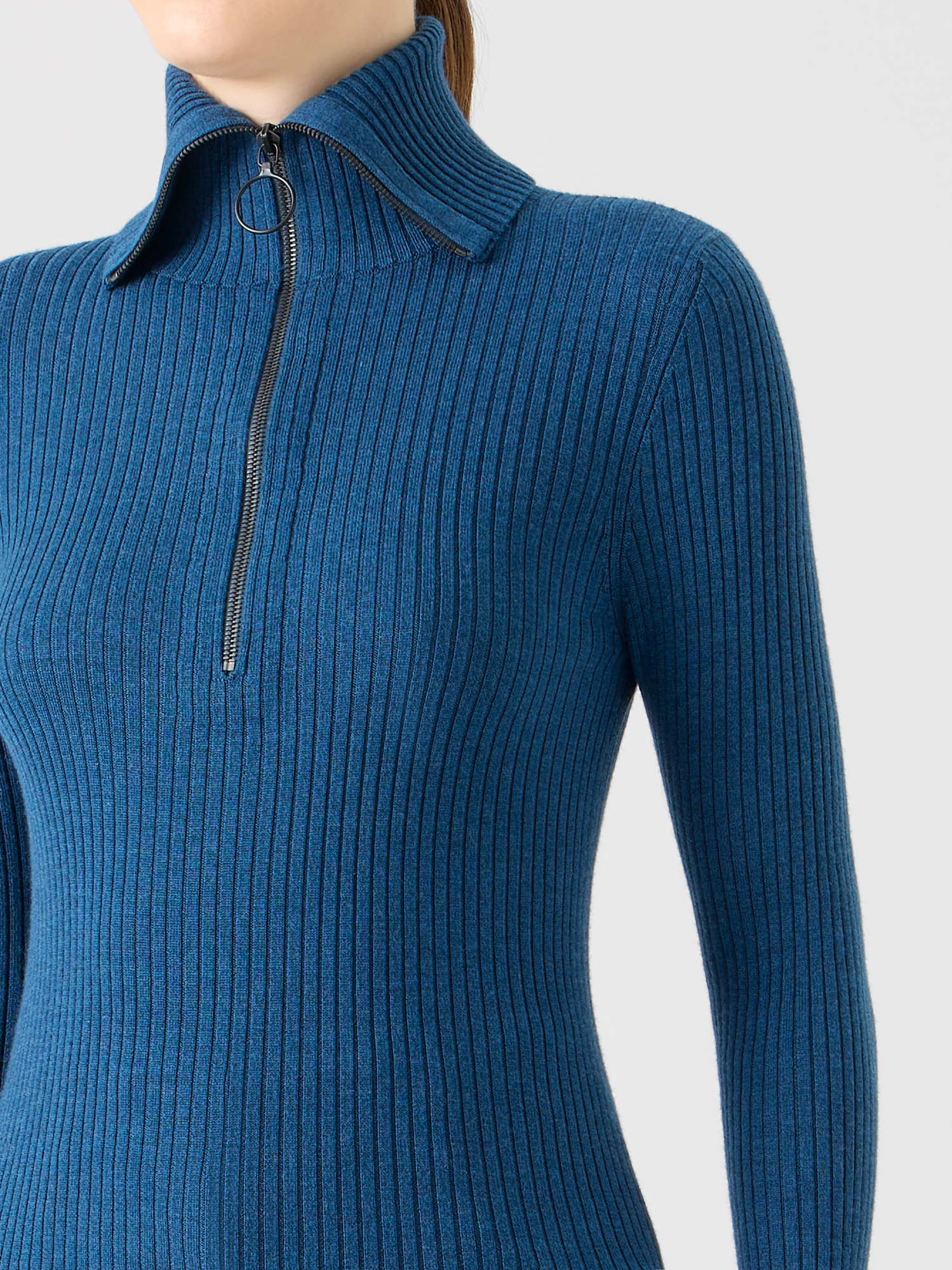Designer Sailor Collar Merino Wool Rib Half-Zip Sweater - blue 