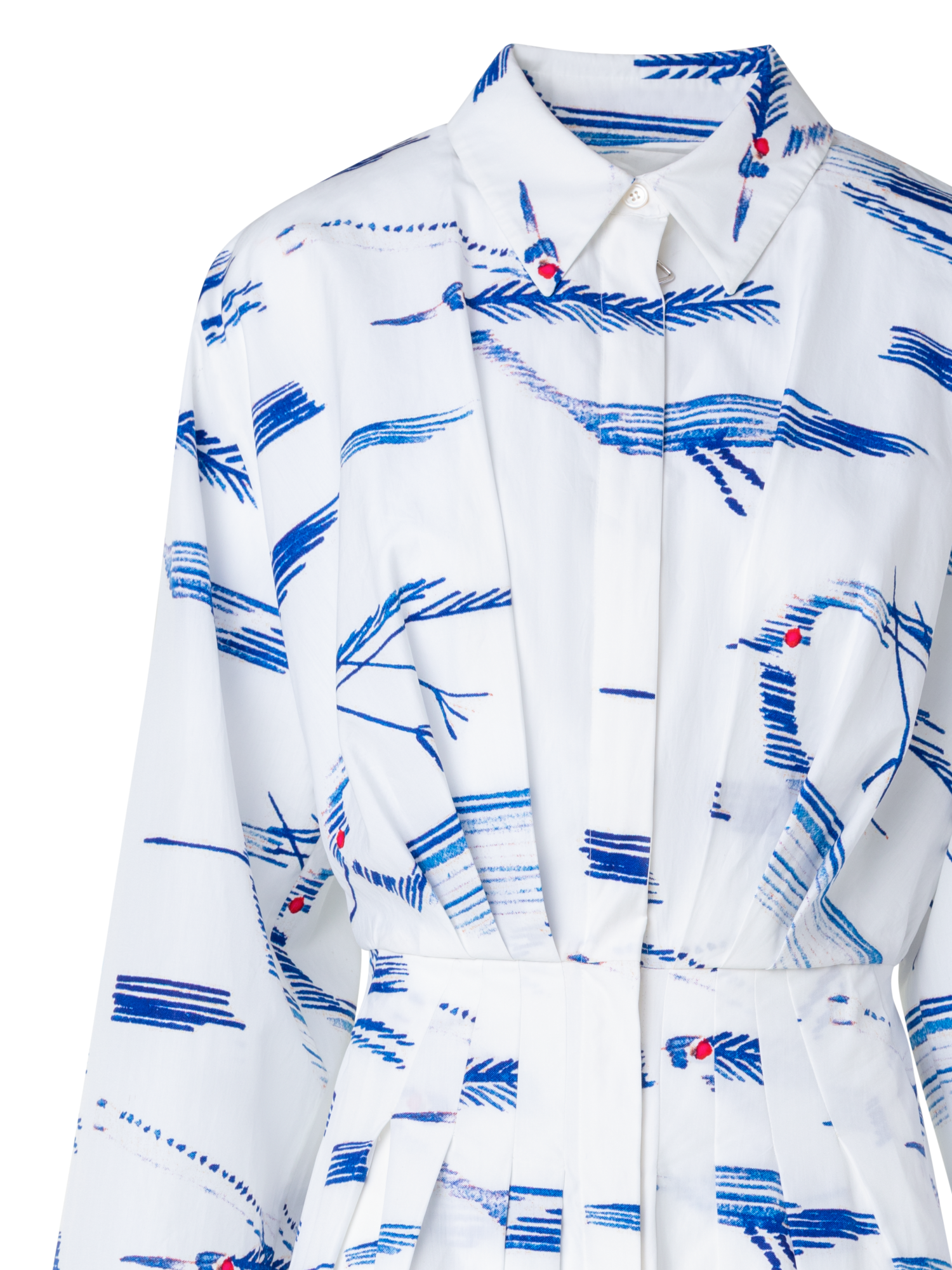 Designer Pleated Shirt Dress with Kasuri Birds Print - blue - multicolor - ecru - white