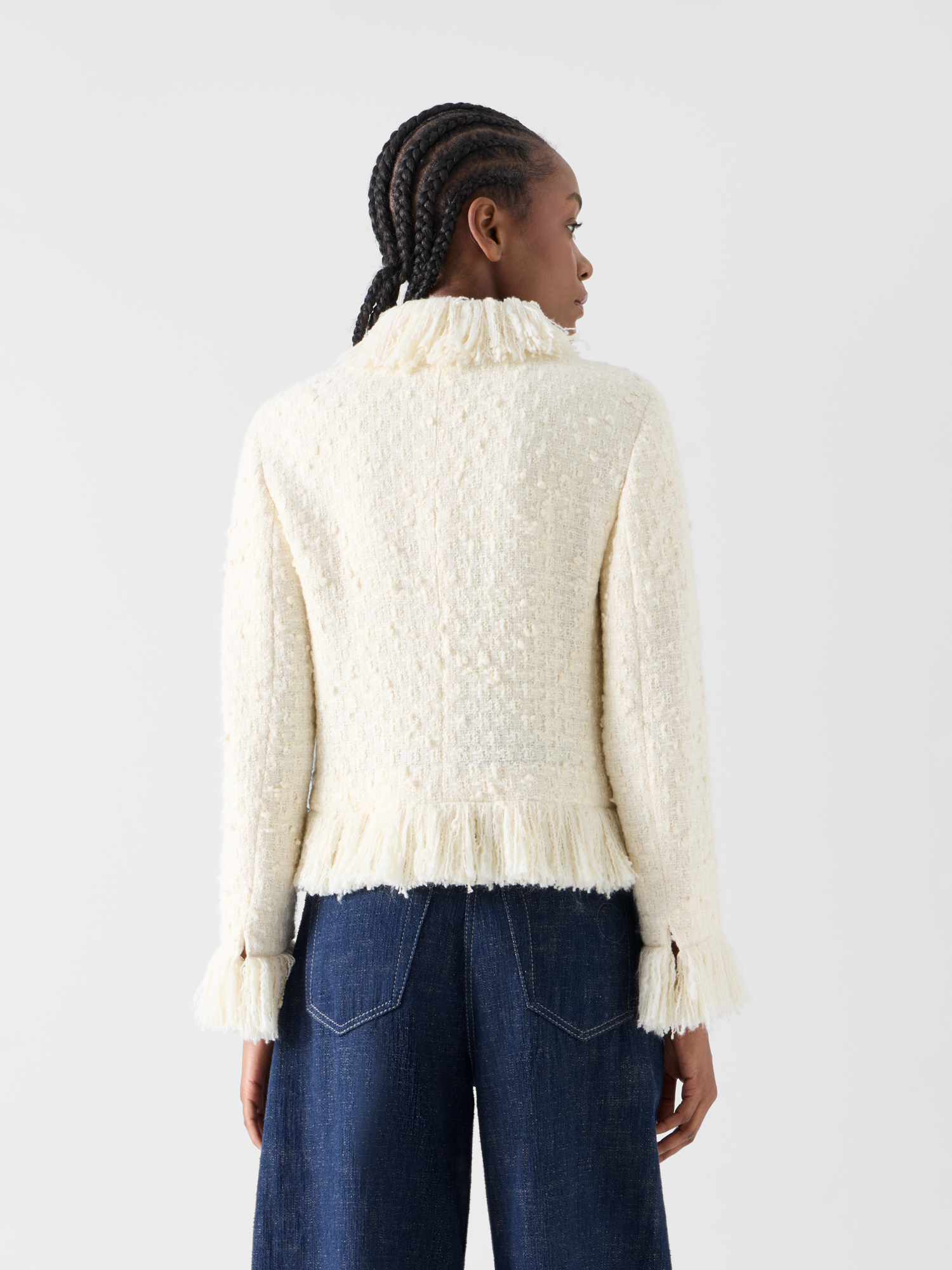 Designer Tweed Jacket with Fringed Edges - ecru 