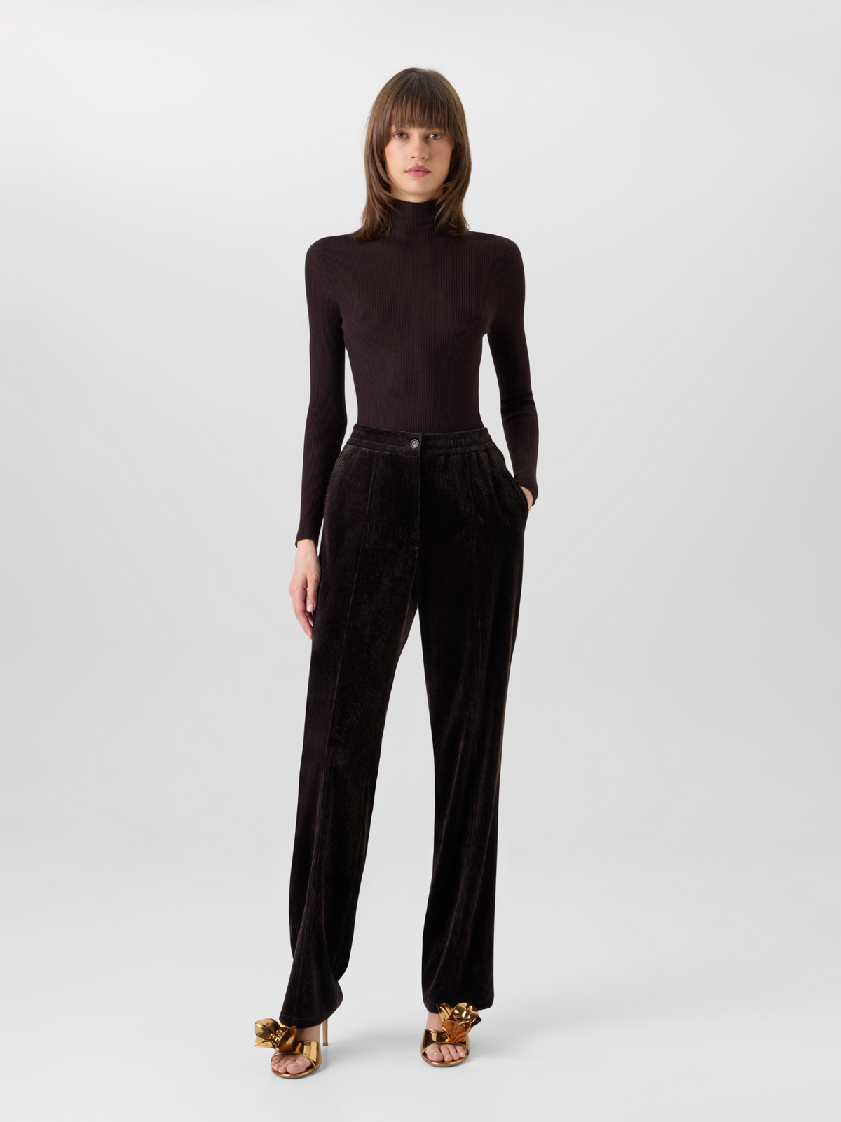 Designer Pants with Elastic Waist in Viscose Corduroy - brown #editorial