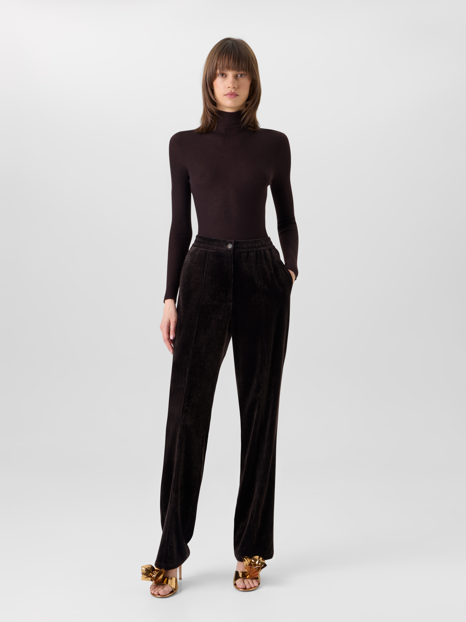 Designer Pants with Elastic Waist in Viscose Corduroy - brown 