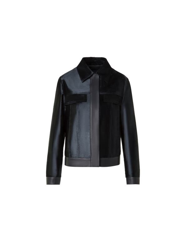 Designer Short Shearling Jacket with Leather Trim - black - neutral
