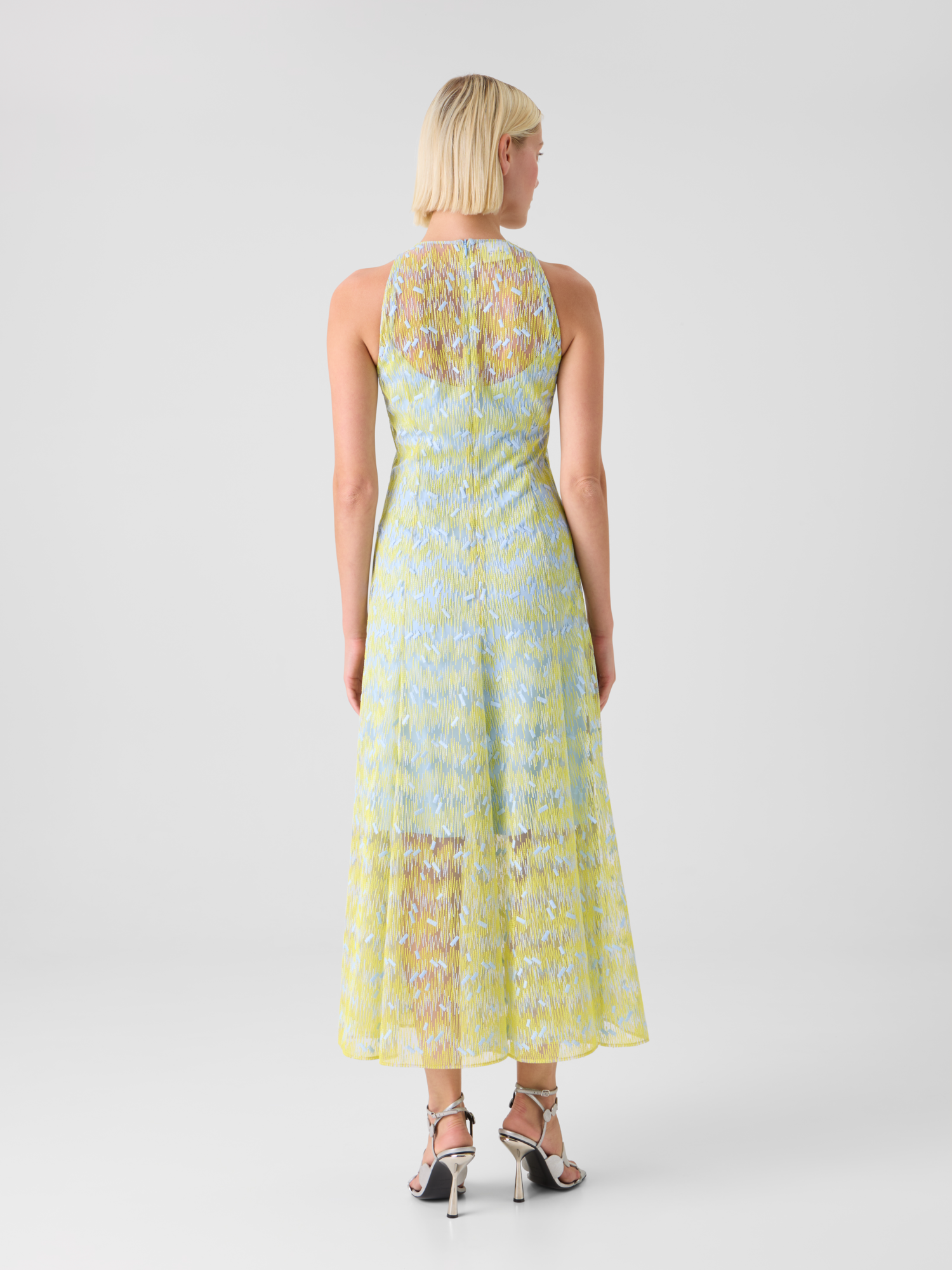 Designer Sheer Scribble Dot Embroidered Flared Midi Dress - blue - yellow